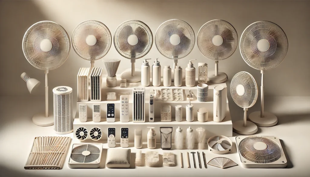 DALL·E 2024 11 22 14.57.38 A Neatly Arranged Display Of Various Fan Accessories Including Fan Blades Remote Controls Stands Filters And Cleaning Tools. The Accessories Are