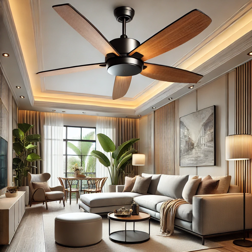 DALL·E 2024 11 22 16.32.24 A Stylish Indoor Scene Featuring A Modern Ceiling Fan In A Cozy Living Room. The Ceiling Fan Is Sleek With Wooden Blades And A Brushed Metal Finish M