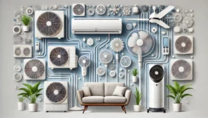 "Soluciones de climatización: aire acondicionado para enfriamiento potente, ventilador de techo para eficiencia energética, enfriador portátil para flexibilidad y ventilador de torre para confort en el hogar."